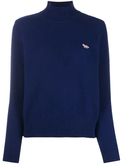 Maison Kitsuné Embroidered Fox Turtleneck Jumper In Blue