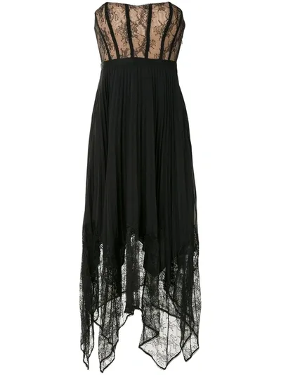 Jonathan Simkhai Scarlett Strapless Chantilly Lace-paneled Pleated Crepe De Chine Midi Dress In Black