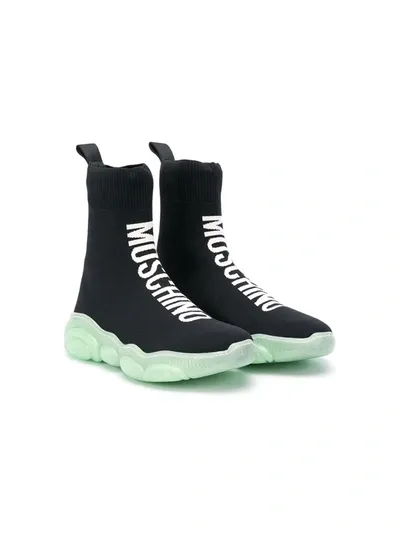 Moschino Kids' Logo Print Sock Trainers In Black