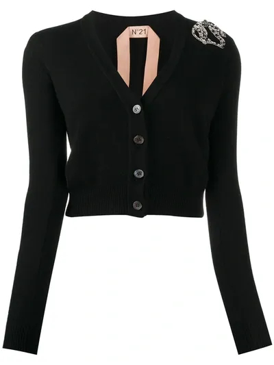 N°21 Crystal-brooch Cashmere Cardigan In Black