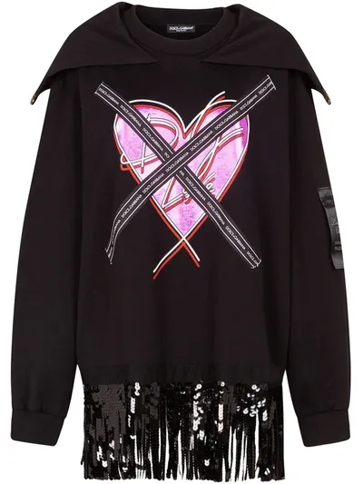 Dolce & Gabbana Jersey Sweatshirt With Heart Print And Ribbon Details In Black