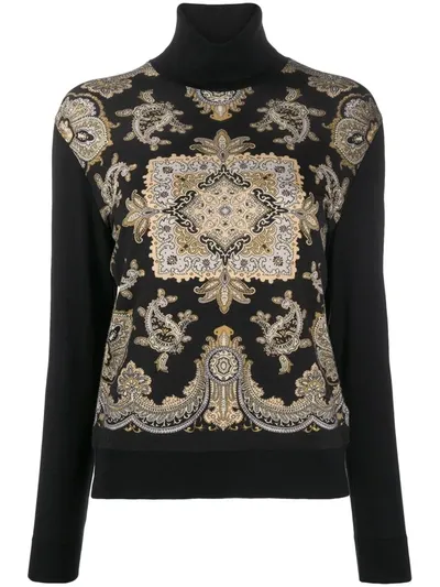 Etro Paisley Panel Turtleneck Wool Blend Sweater In Black