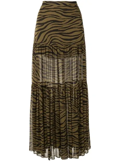 Veronica Beard Serence Tiered Zebra-print Silk Crepe De Chine Maxi Skirt In Army Green