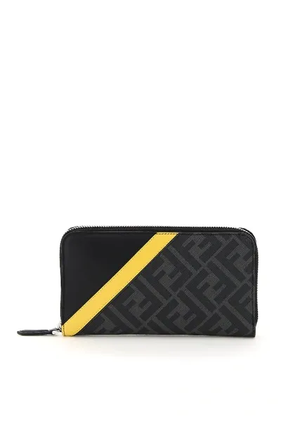 Fendi Ff Stripe Zip-around Wallet In Black,grey,yellow