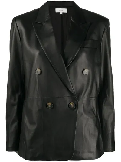 Vince Double-breasted Leather Blazer In Black