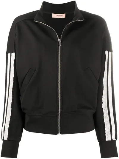 Twinset Stripe Sleeve Bomber Jacket In Black