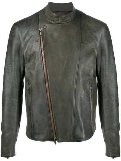 Ajmone Diagonal Zip Leather Jacket In Green