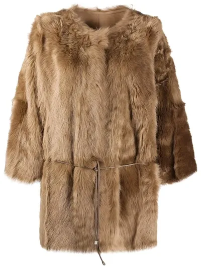 Yves Salomon Tie-wais Fur Coat In Neutrals