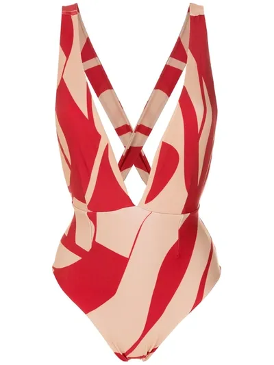 Haight Printed Plunge Neck Swimsuit In Red