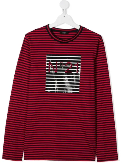 N°21 Kids' Logo Patch Striped Top In Red