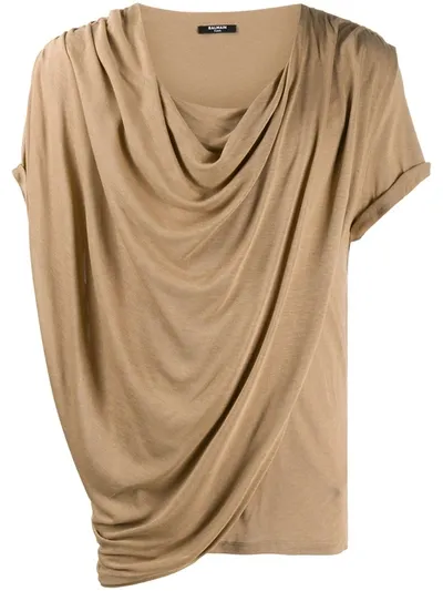 Balmain Draped-detail Short-sleeve T-shirt In Beige