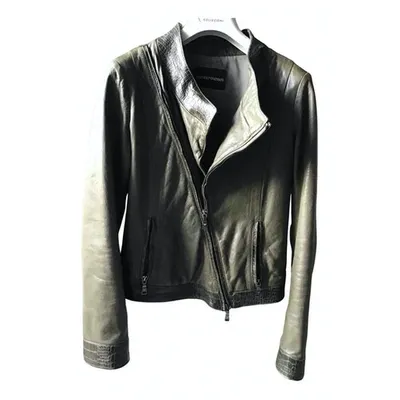 Pre-owned Emporio Armani Leather Biker Jacket In Khaki