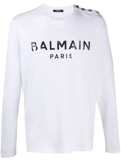 Balmain Button-embellished Logo Print T-shirt In White