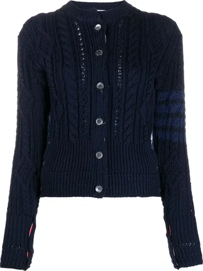 Thom Browne 4-bar Stripe Cable-knit Cardigan In Blue