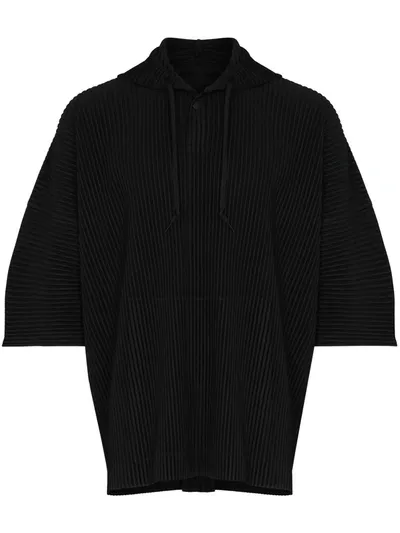 Issey Miyake Pleated Short Sleeved Hoodie In Black