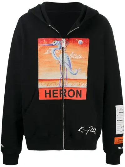 Heron Preston Crane Print Hoodie In Nero/arancio