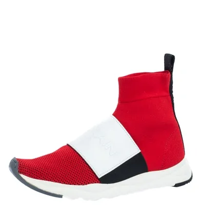 Pre-owned Balmain Red/white Stretch Knit And Leather Embossed Logo High Top Sneakers Size 36.5