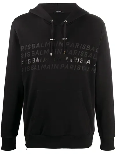 Balmain Logo Print Drawstring Hoodie In Black