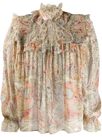 Etro Ruffled Paisley-print Silk-chiffon Blouse In Neutrals