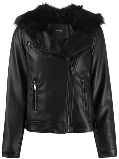 Twinset Fur Collar Faux Leather Jacket In Black