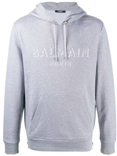 Balmain Logo Drawstring Hoodie In Grey