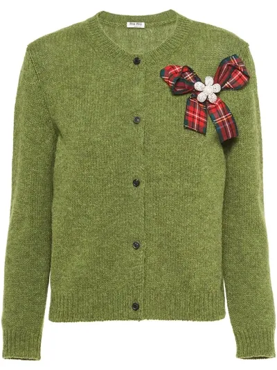 Miu Miu Crew Neck Knitted Cardigan In Green