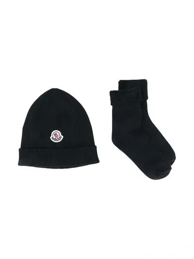 Moncler Babies' Logo Hat And Socks Set In Blue