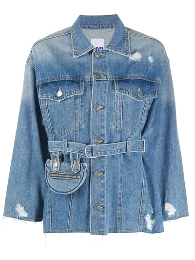 Sjyp Pocket Belted Denim Jacket In Blue