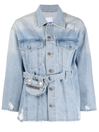 Sjyp Pocket Belted Denim Jacket In Blue