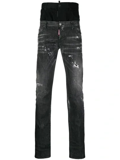 Dsquared2 Double-waistband Slim-fit Jeans In Black