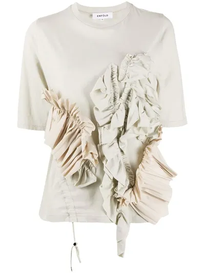 Enföld Ruffle-detail T-shirt In Neutrals