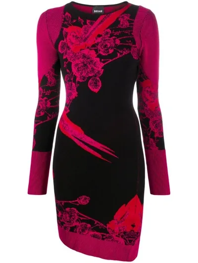 Just Cavalli Floral Patterned Asymmetric Dress In Fuchsia And Black