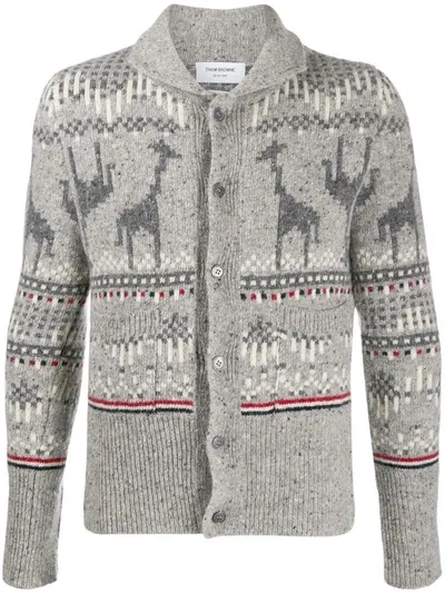 Thom Browne Giraffe Fair Isle Wool & Mohair Cardigan In Grey