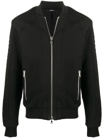 Balmain Ribbed Detail Cotton Bomber Jacket In Black