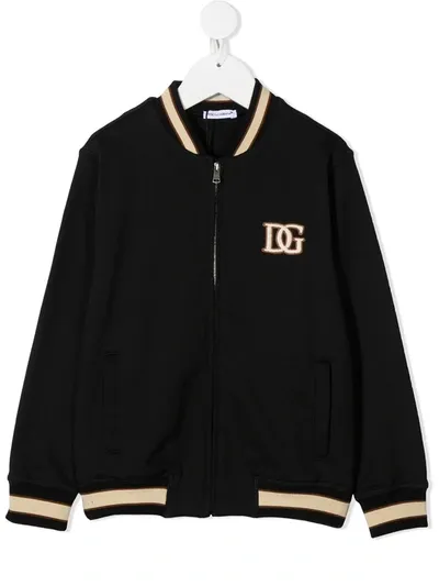 Dolce & Gabbana Kids' Cotton Zip-up Sweatshirt W/ Logo Patch In Navy