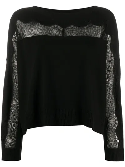 Twinset Lace-embellished Round-neck Jumper In Black