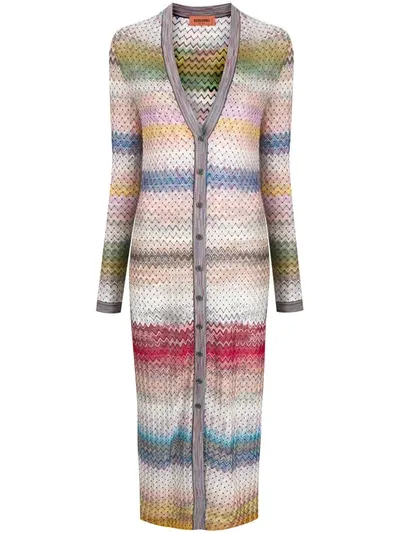 Missoni Zigzag Long Knit Cardigan In Neutrals