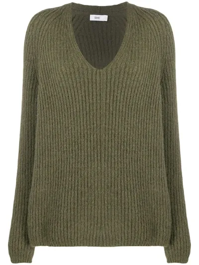 Closed V-neck Ribbed Jumper In Green