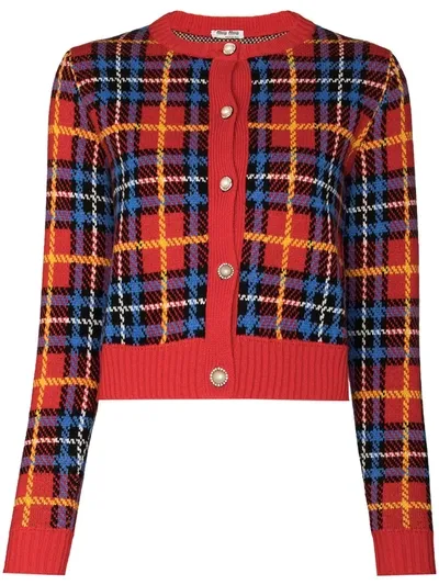 Miu Miu Red Tartan Wool Cardigan