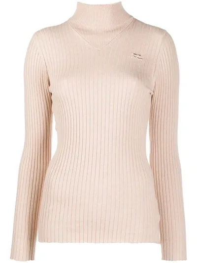 Courrèges Mock Neck Ribbed Sweater In Neutrals