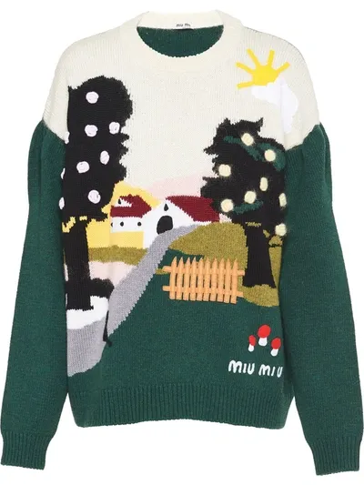 Miu Miu Embellished Landscape Intarsia Sweater In Green