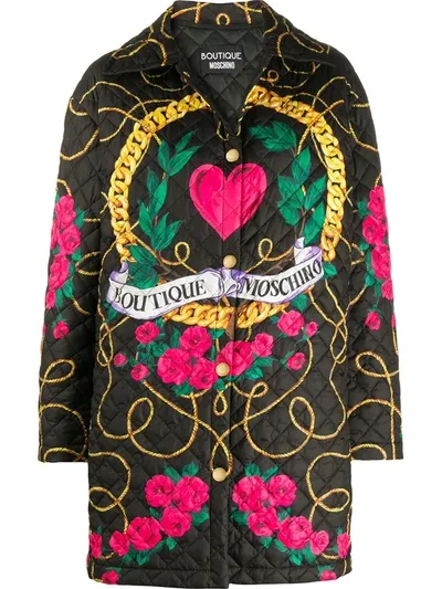 Boutique Moschino Logo Quilted Coat In Black