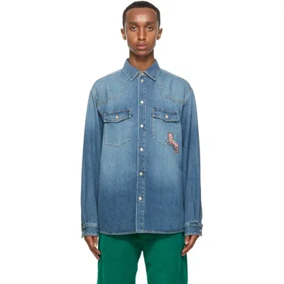 Gucci Eco-washed Cat-patch Organic Denim Shirt In 4447 Blue/m