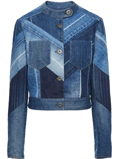 Prada Herringbone Patchwork Denim Jacket In Blue