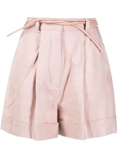 Zimmermann Luminous Belted Linen-blend Twill Shorts In Pink