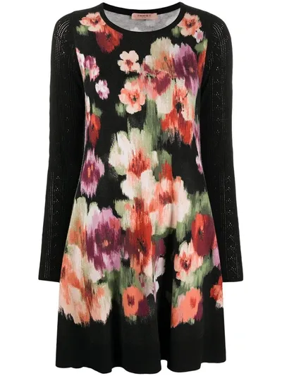 Twinset Floral Patterned Knitted Dress In Black