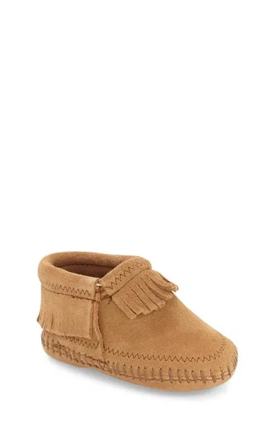 Minnetonka Kids'  'riley' Fringe Suede Bootie In Taupe Suede