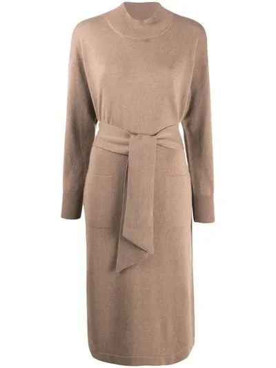 Peserico Tie-waist Mock Neck Sweater Dress In Brown