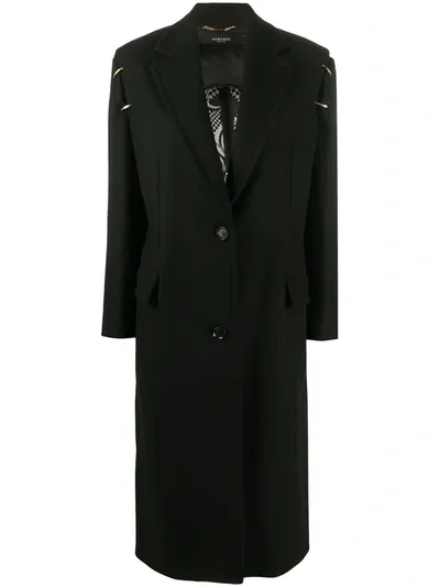 Versace Gold-tone Key-motif Detail Coat In Black