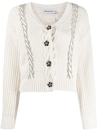 Self-portrait Crystal-button Cable-knit Cotton-blend Cardigan In White